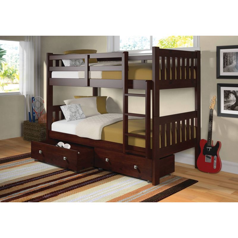 Twin/Twin Mission Bunk Bed with Dual Underbed Drawers Cappuccino - Donco Kids