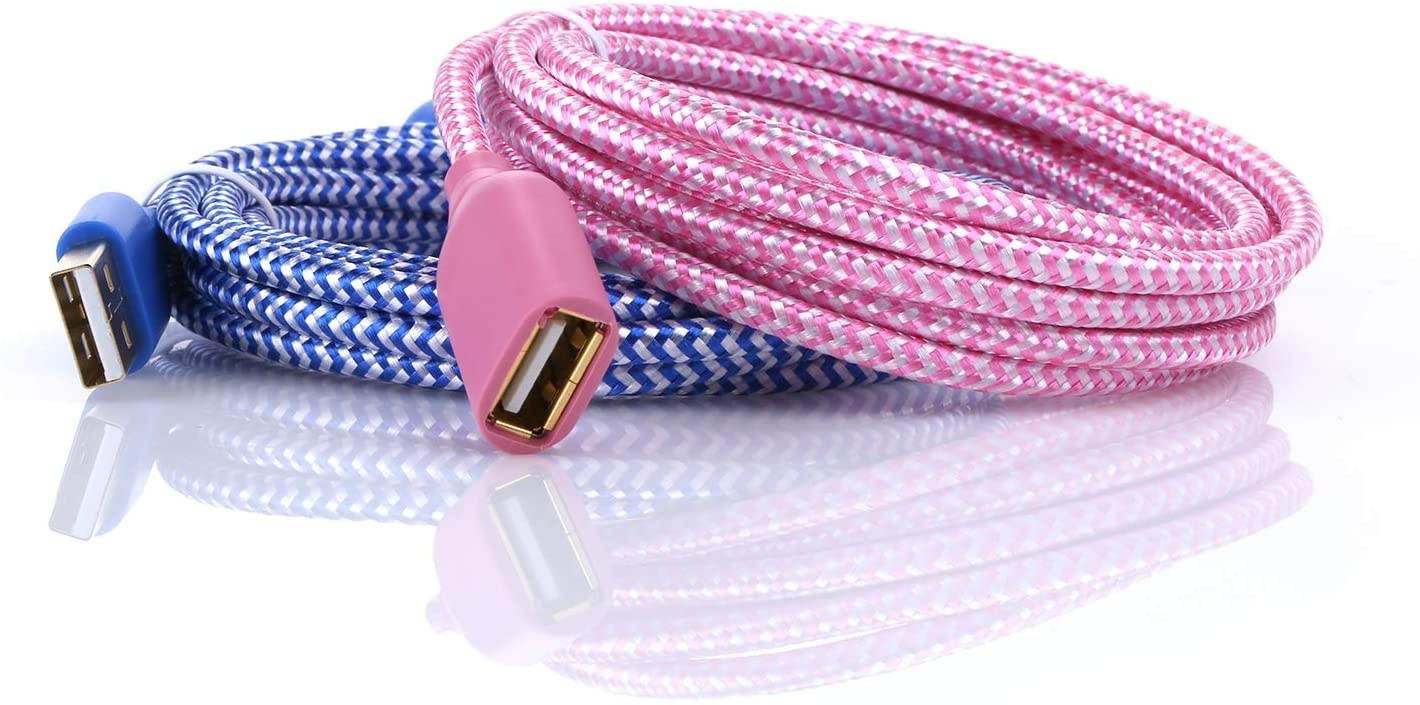 USB 2.0 Extension Cable Extender Cord 2 Pack 6 FT/1.83M Nylon Braided Type A Male to A Female with Gold-Plated Connector for Keyboard Mouse Printer Game Controller and More (White Blue)