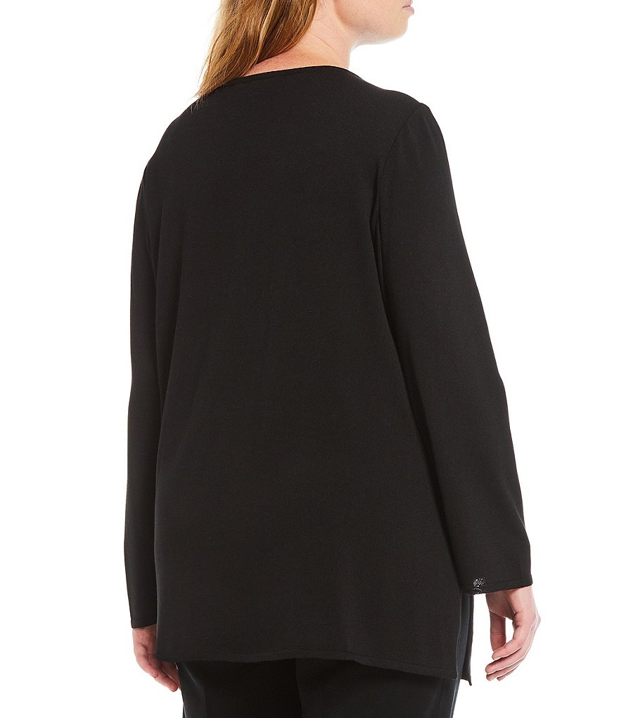 Ming Wang Plus Size Floral Embroidery Long Sleeve Jewel Neck Knit Tunic