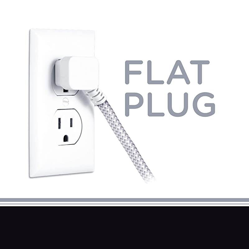 White/Gray, Designer 3-Outlet Extension Cord, 15 Ft Braided Cable, 2-Prong Power Strip, Slide-to-Lock Safety, Low-Profile Flat Plug, Polarized, ETL Listed, 43431-T1, 15 Ft, 15 Ft