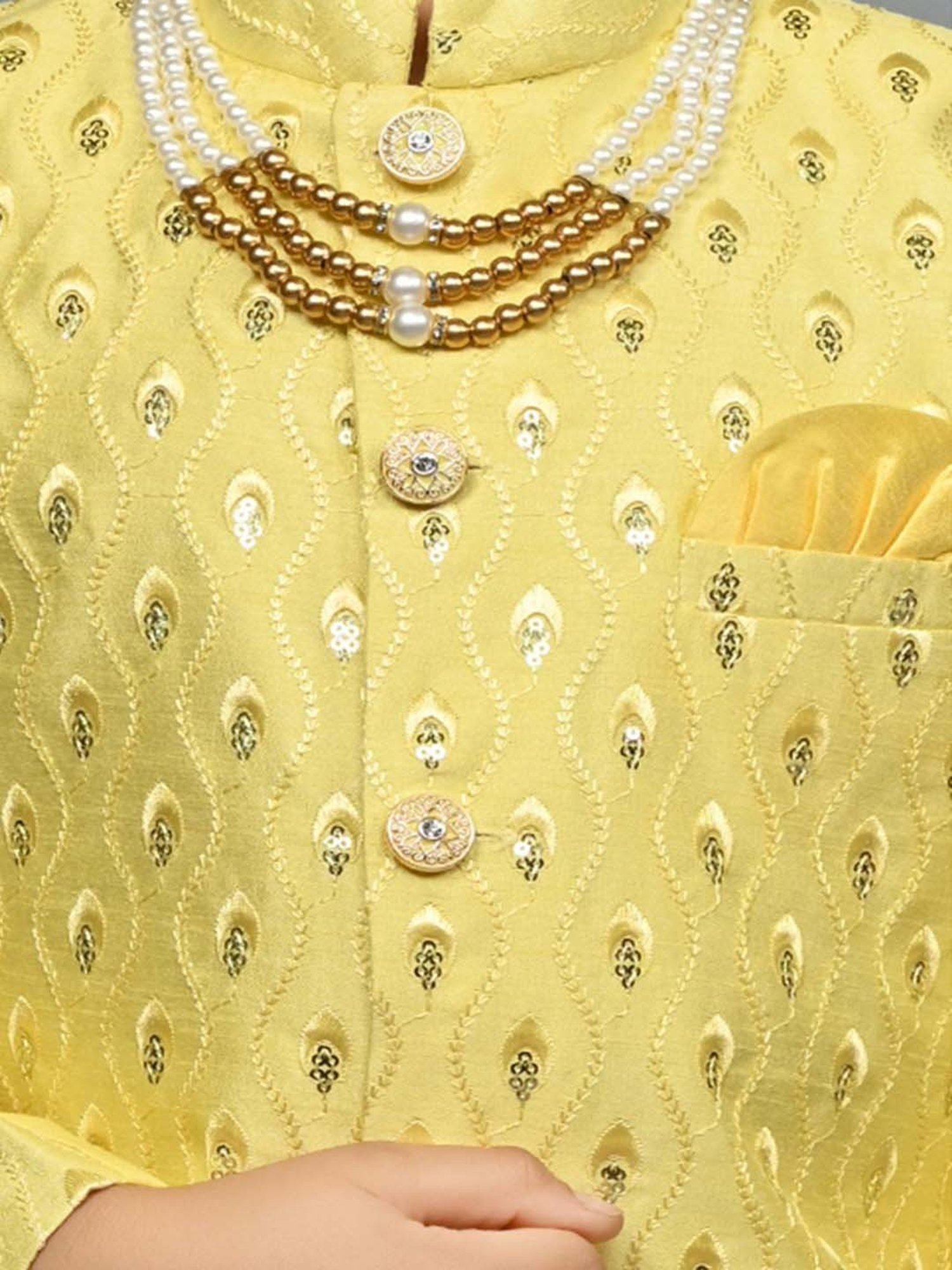 Ahhaaaa Kids Yellow Embellished Full Sleeves Sherwani Set