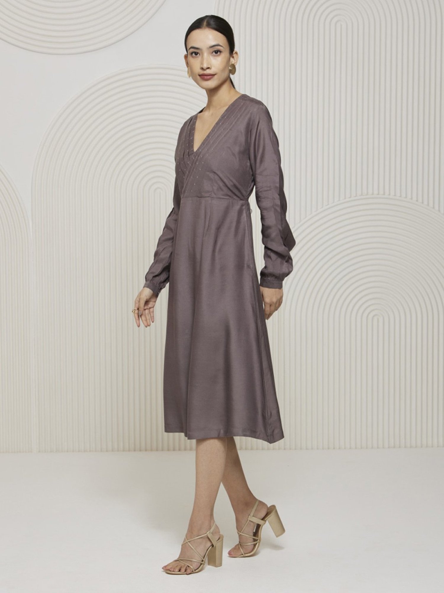 Artagai Granite Grey Kashida Pleated Fit And Flare Dress With Mukesh Work