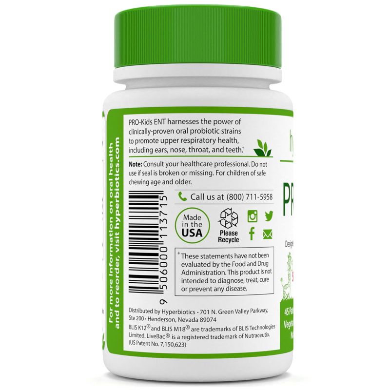 Hyperbiotics PRO-Kids ENT, Sugar Free, Strawberry Vanilla, 45 LiveBac Chewable Tablets, Probiotics