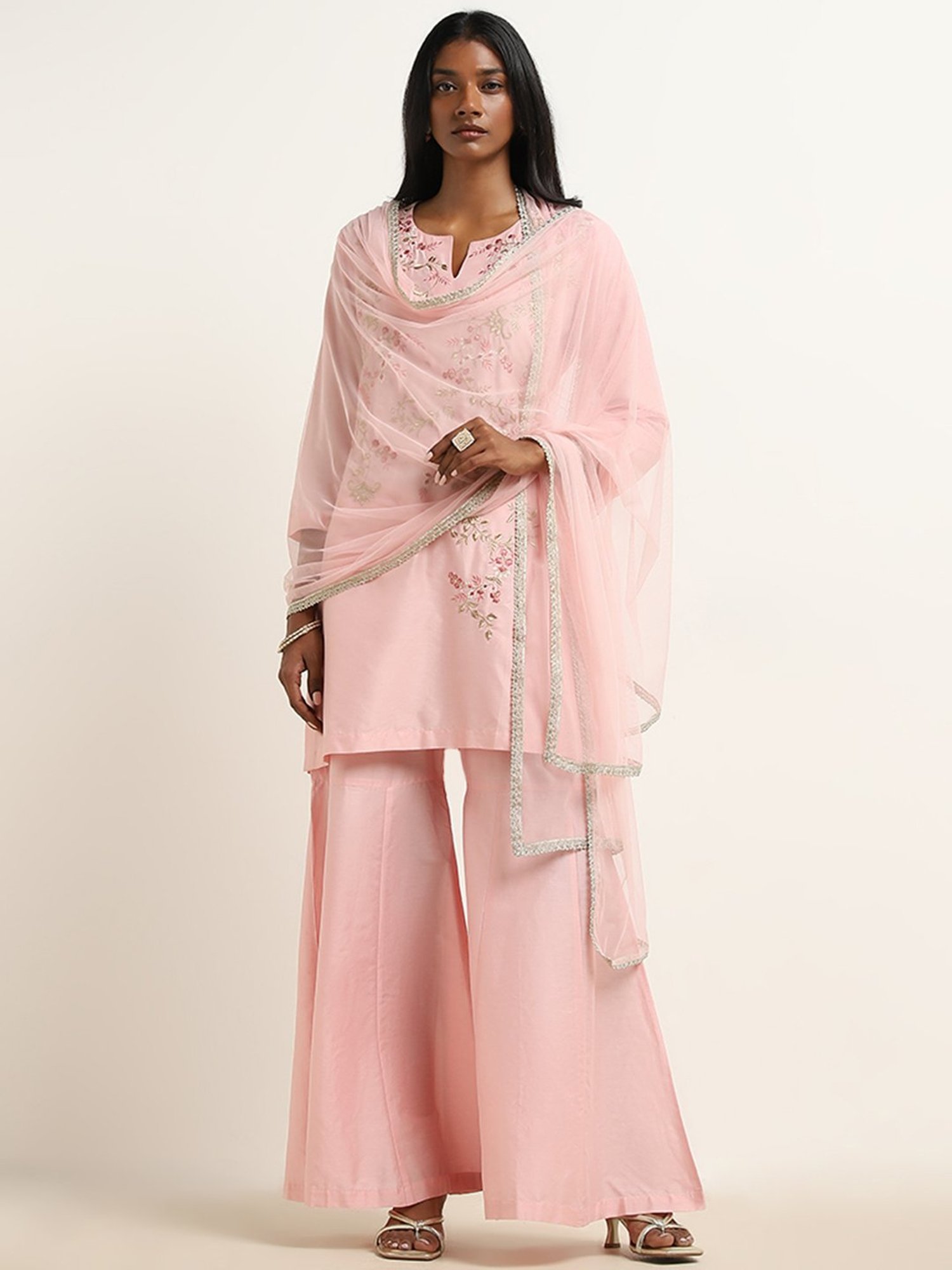 Vark by Westside Pink Floral Embroidered Kurti, Gharara & Dupatta Set