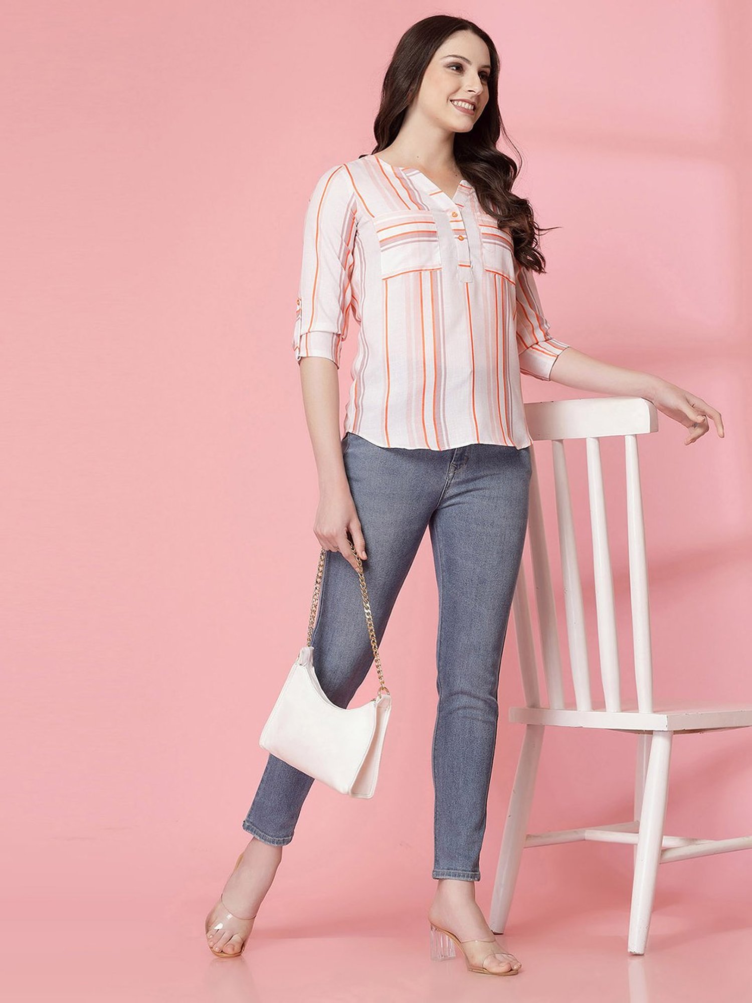 SELVIA White & Orange Striped Top