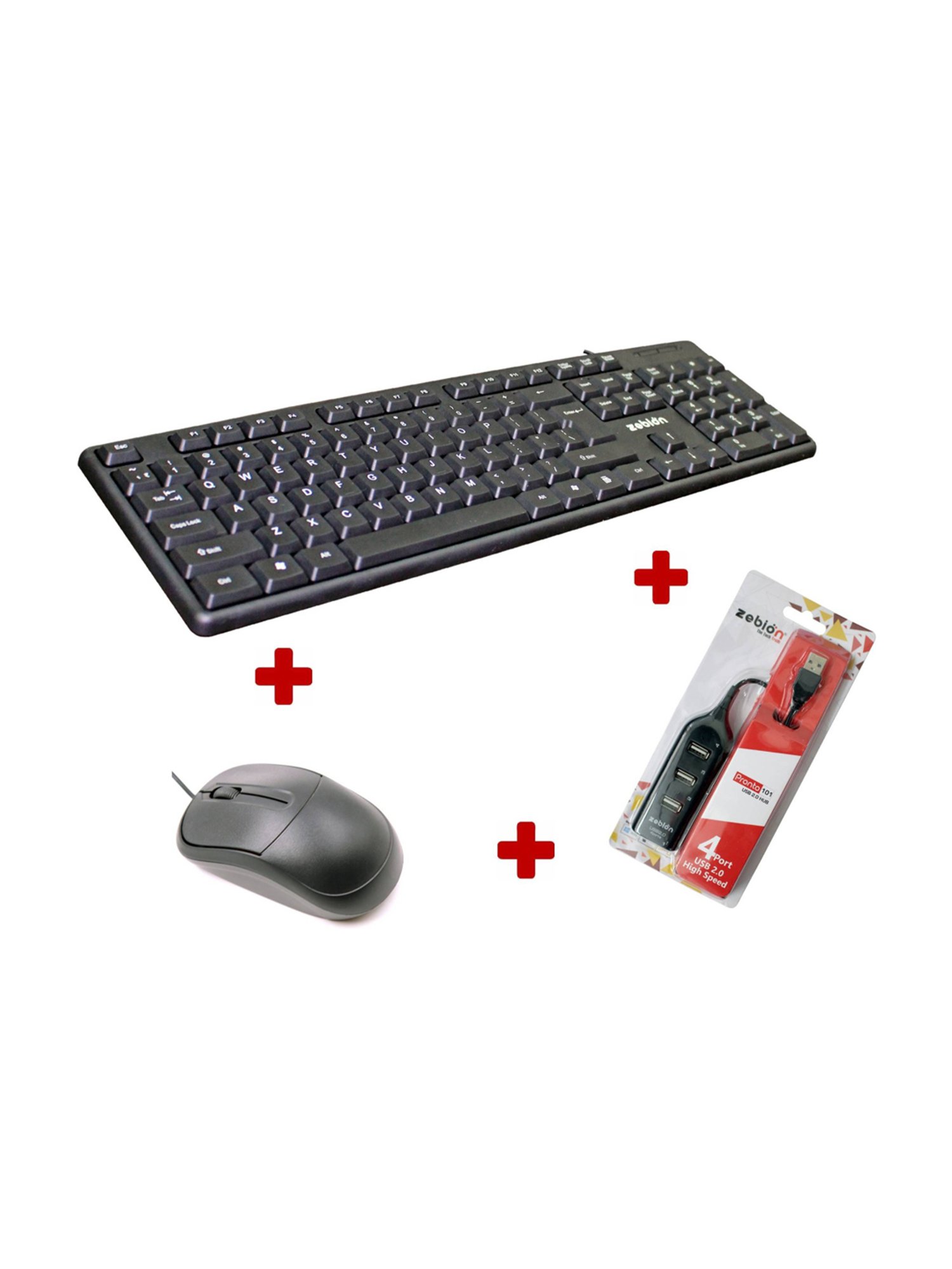 Zebion K500 Keyboard and Dazzle Mouse Combo Set with Pronto 101 USB HUB (Black)