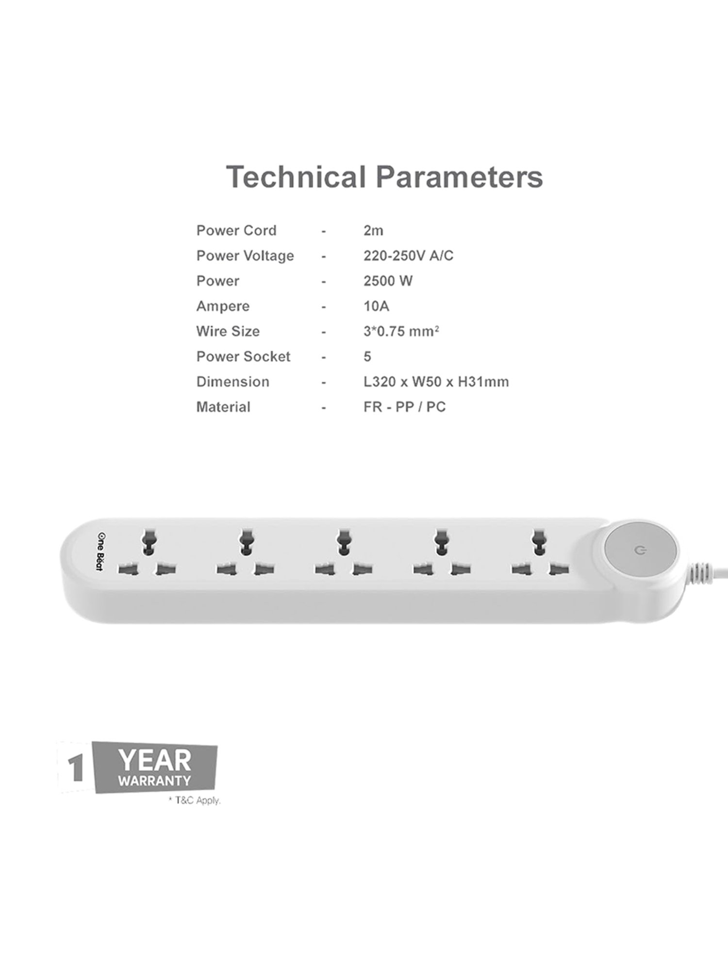 One Beat GO 5 Power Extension Board, 5 AC Outlests with 2500 W & 2 Meter Cord (White)
