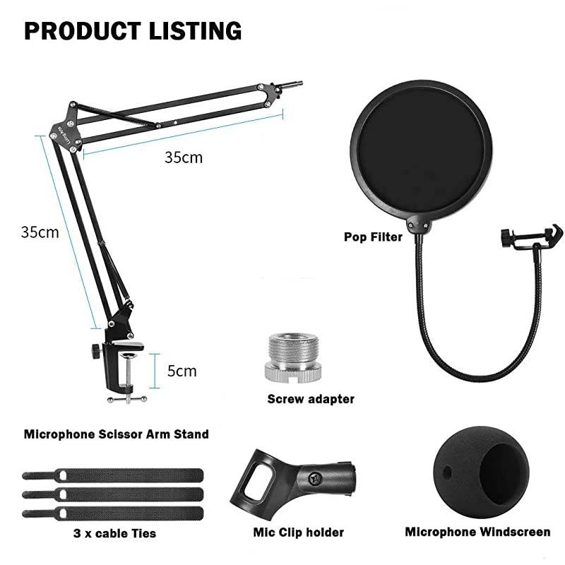 Microphone Stand with Mic Pop Filter Shock Mount Adjustable Mic Boom Scissor Arm Stands for Blue Yeti SnowballRadio Broadcasting and Recording