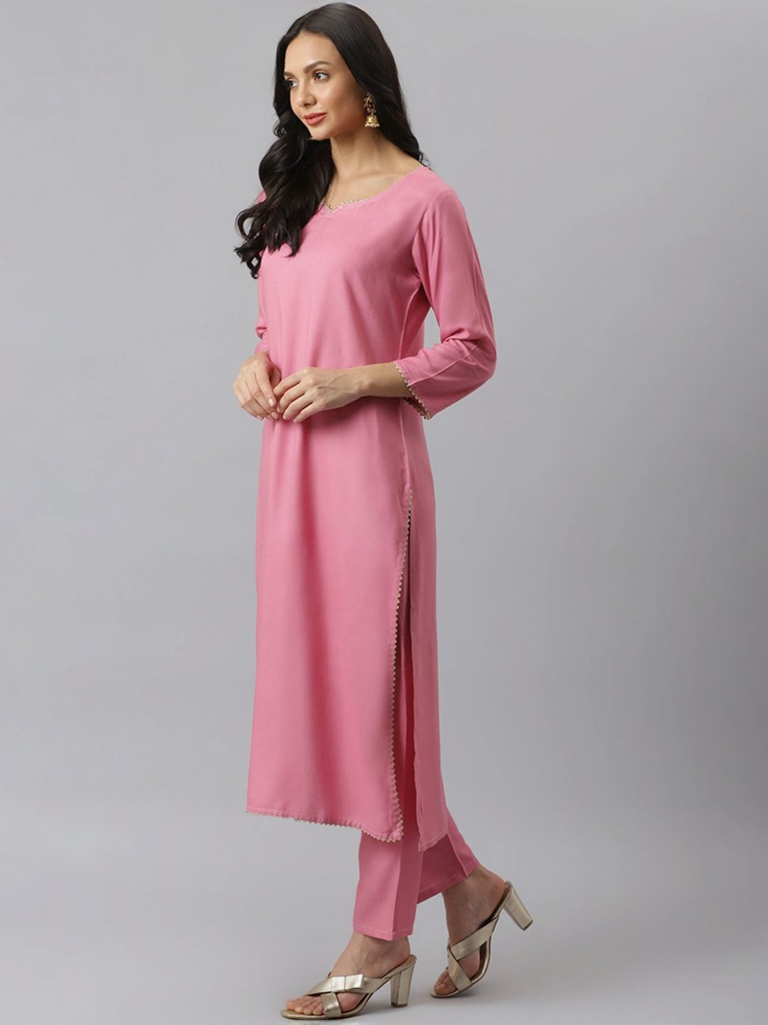 Stylum Mulberry Pink Plain Kurta & Pant Set With Dupatta