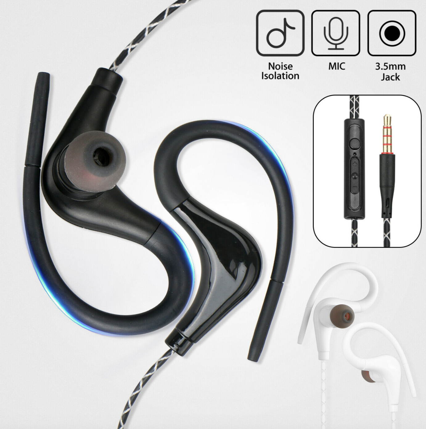 Wired In-Ear Sport Hifi Earphone Earbuds Over Ear Hook Headphone 3.5mm With MIC
