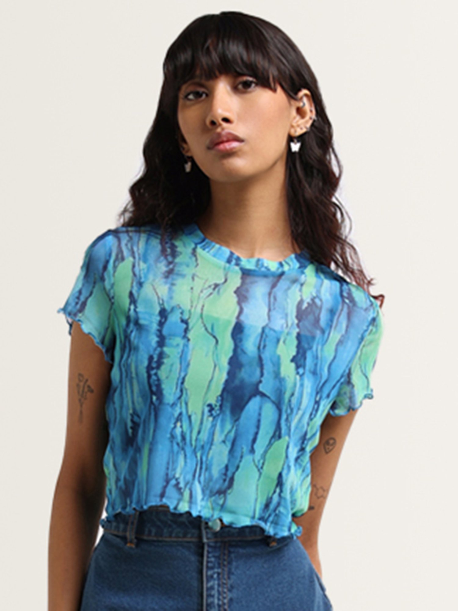Nuon by Westside Blue Abstract Printed Crop Top