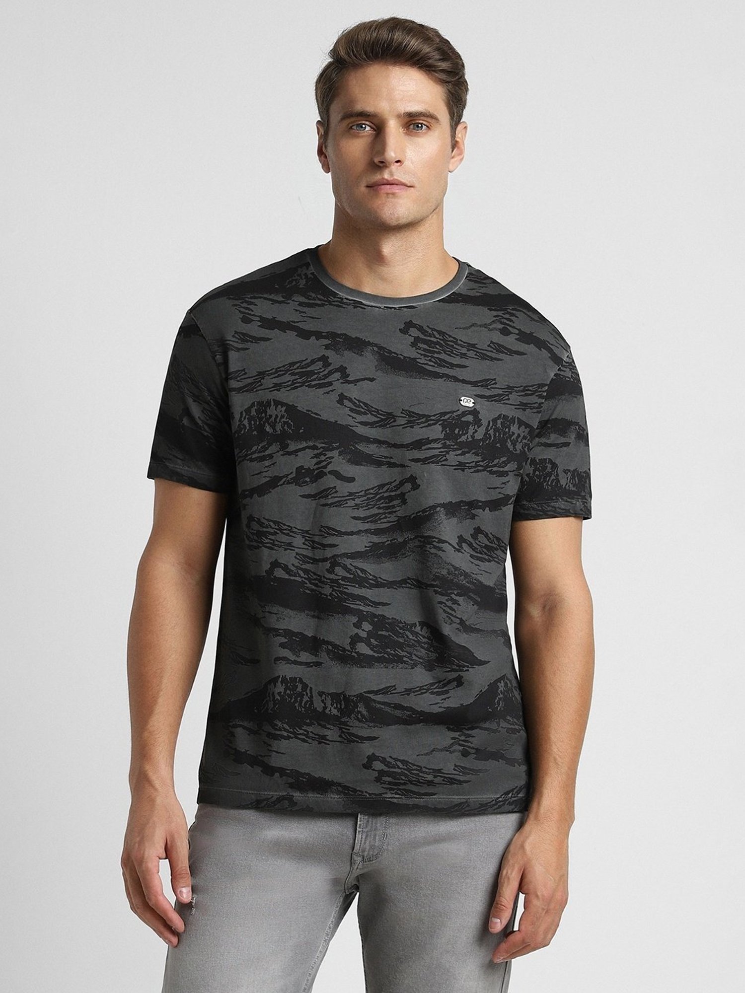 Peter England Grey Cotton Regular Fit Printed T-Shirt