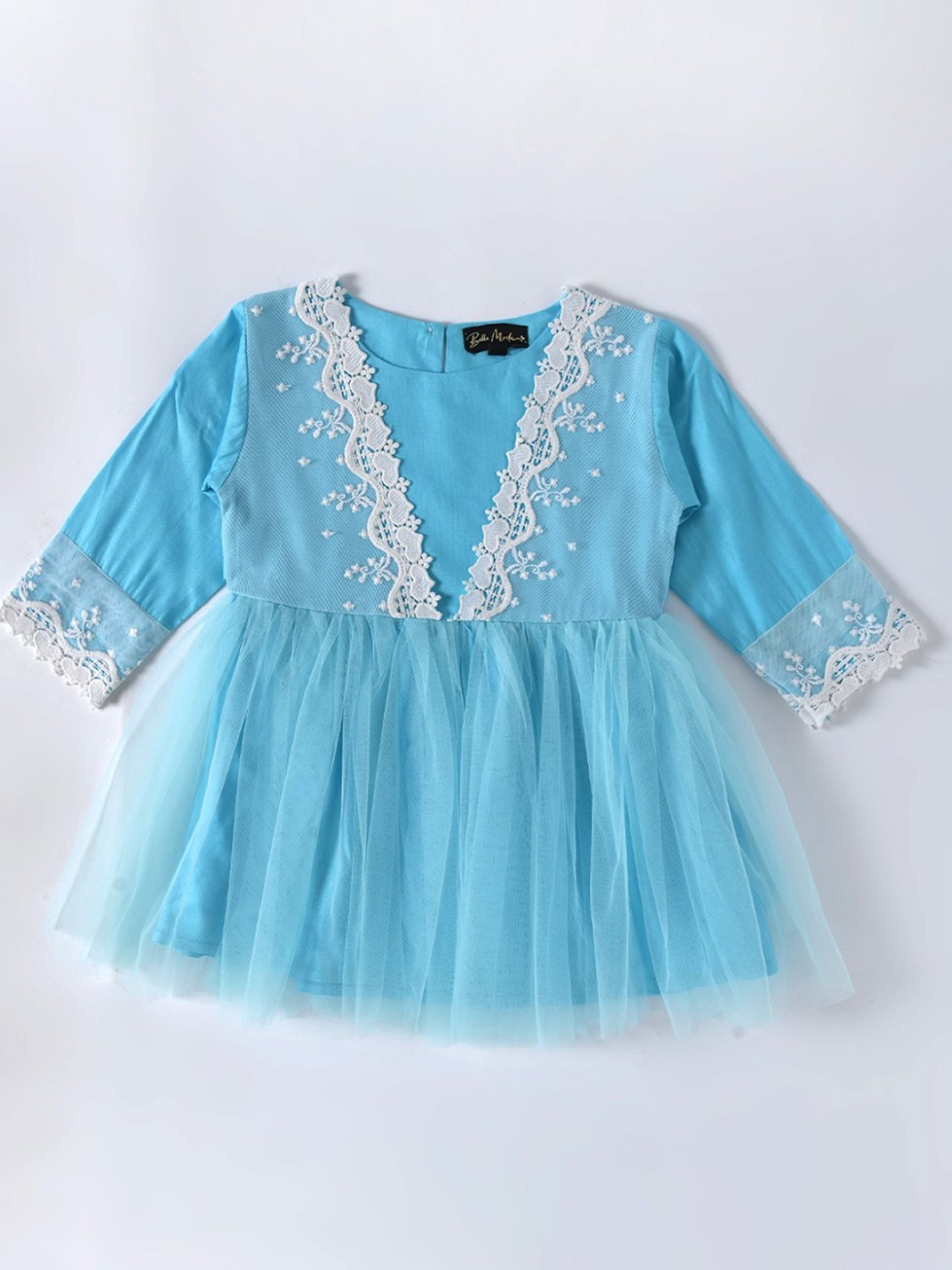 Bella Moda Kids Sky Blue Embroidered Full Sleeves Fit & Flare Dress