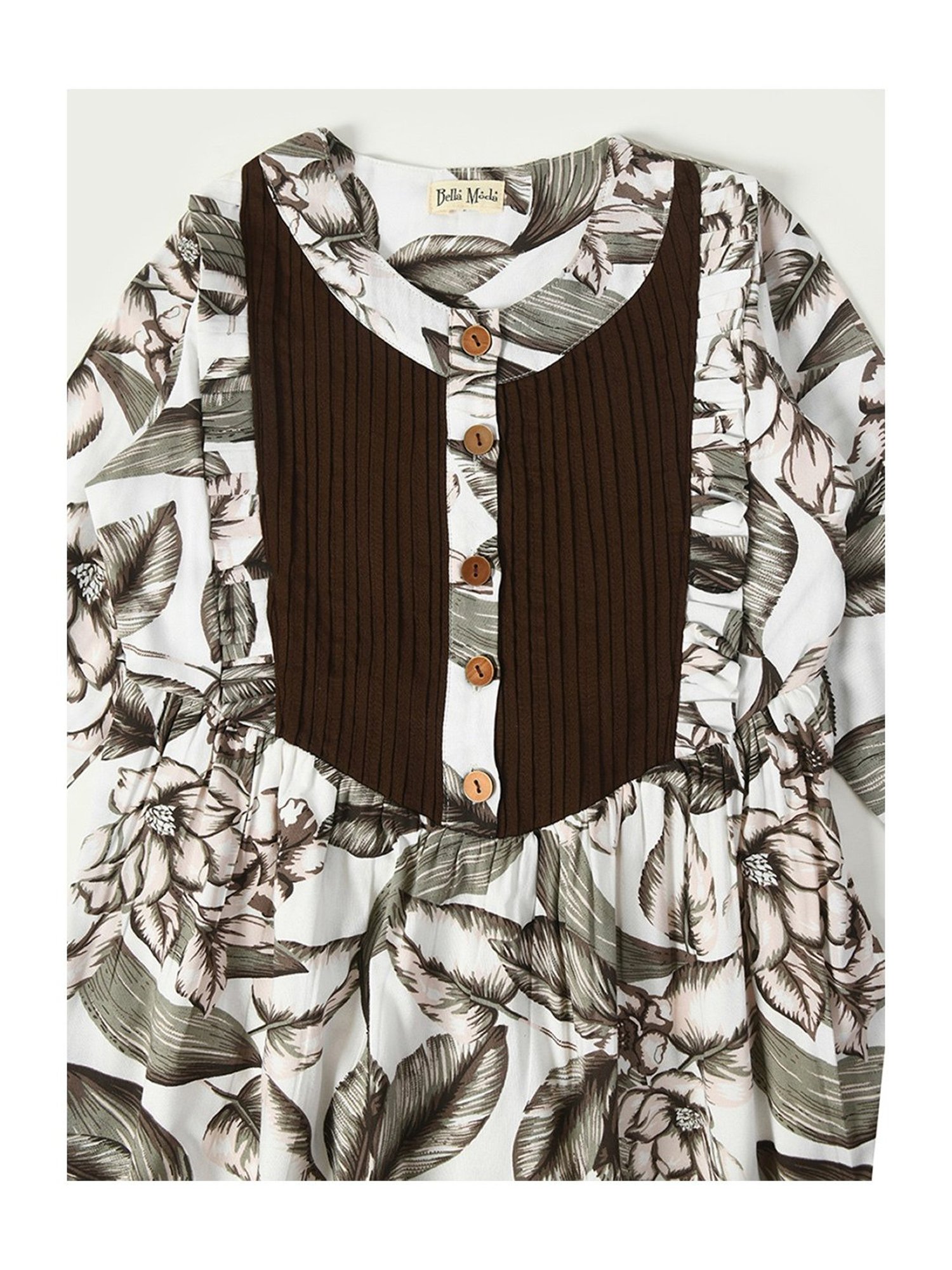 Bella Moda Kids White & Green Printed Full Sleeves Fit & Flare Dress