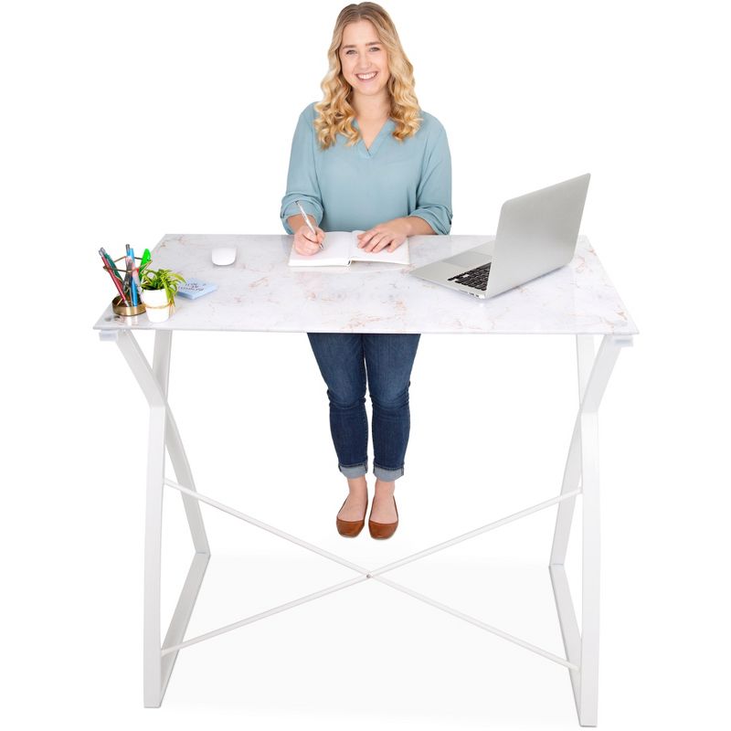 Joy Glass Standing Desk &ndash; 43&rdquo; Modern Multifunctional Stand-Up Table &ndash; Wood Print &ndash; Stand Steady