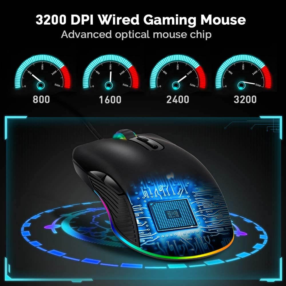 Ergonomic Gaming Mouse with 4 Backlight Modes up to 3200 DPI,RGB Wired USB Mouse with 7 Buttons for Laptop PC Computer Games & Work