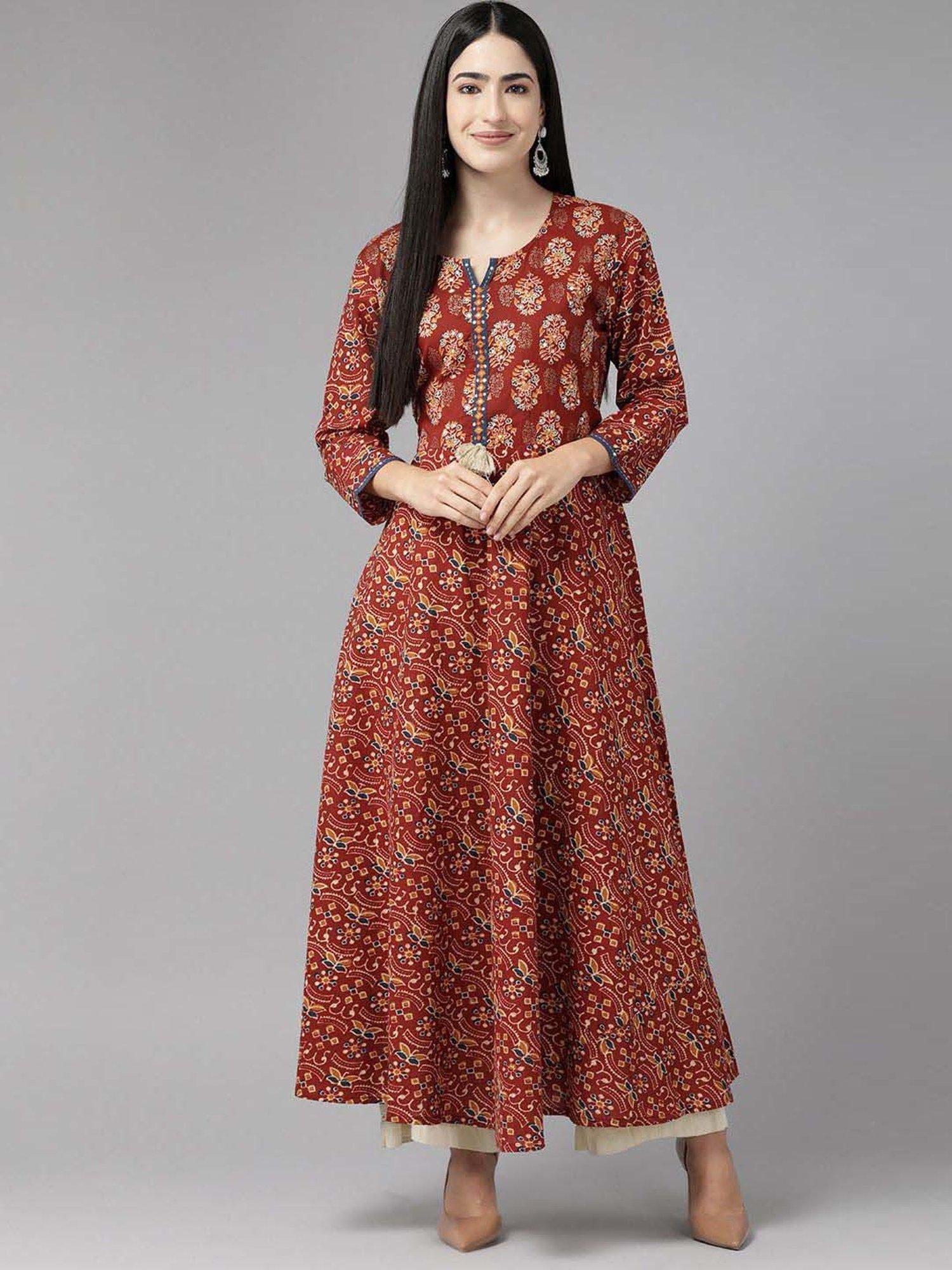 Fusion Beats Light Grey Embroidered A Line Kurta