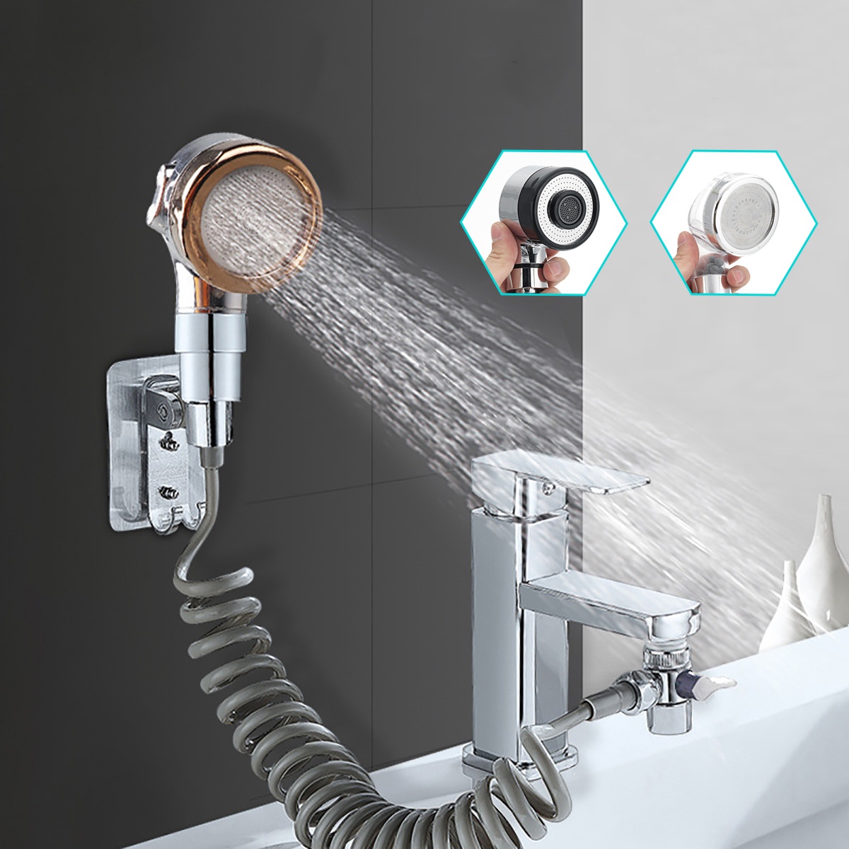 Bathroom Wash Face Basin Water Tap External Shower Head HandHeld Bidet Sprayer Wash Jet Diverter Kit Set Set 2