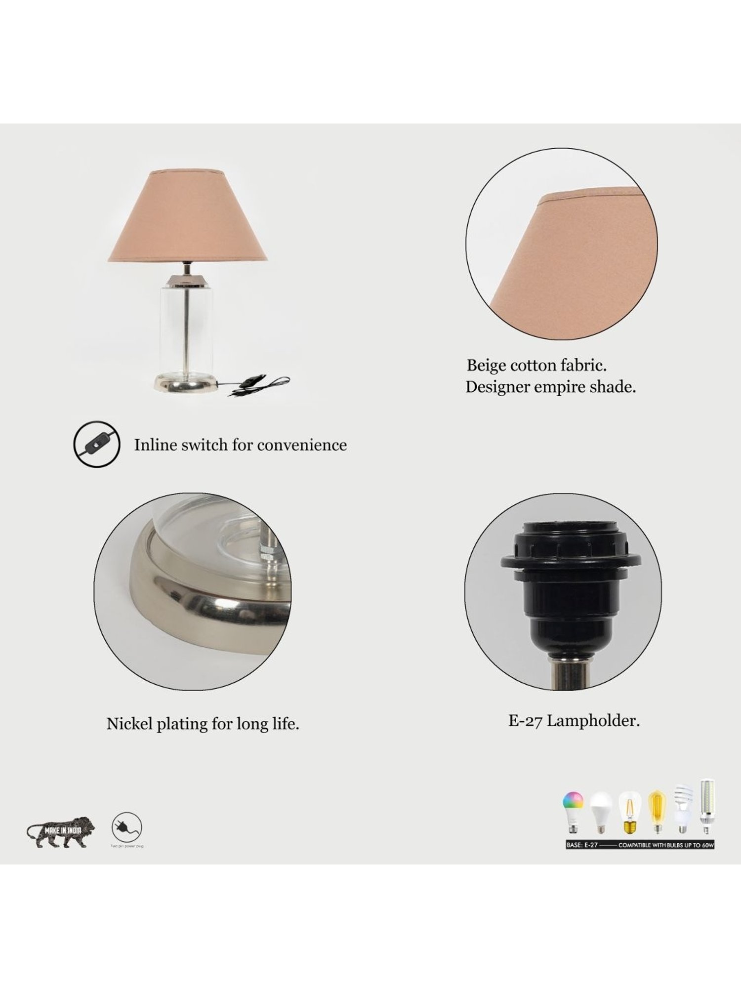 Kapoor Lamp Shades Transparent & Pink Glass Duffield Clear Cotton Shade Table Lamp