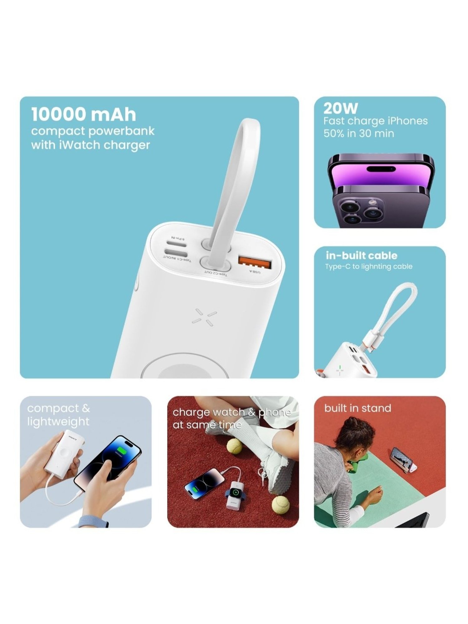 Stuffcool Ally 10000mAh Compact Powerbank with Fast Wired Charging for iPhone (White)