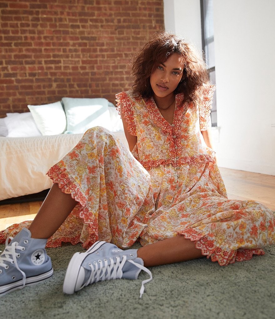 Free People Milania Floral Print V-Neck Cap Sleeve Maxi Dress