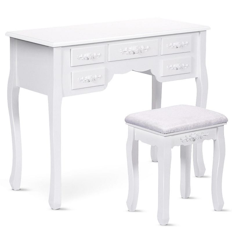 Costway White Tri Folding Oval Wood Vanity Makeup Table Set 7 Drawers