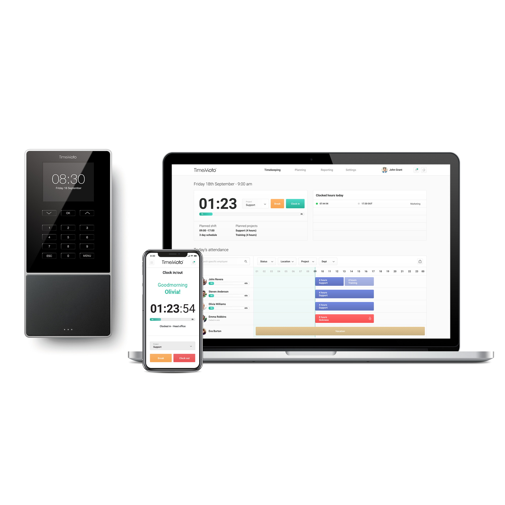 TimeMoto TM-828 - Clocking-in System with Fingerprint and RFID Reader for Up to 2.000 Users - Including Employee Management Solution