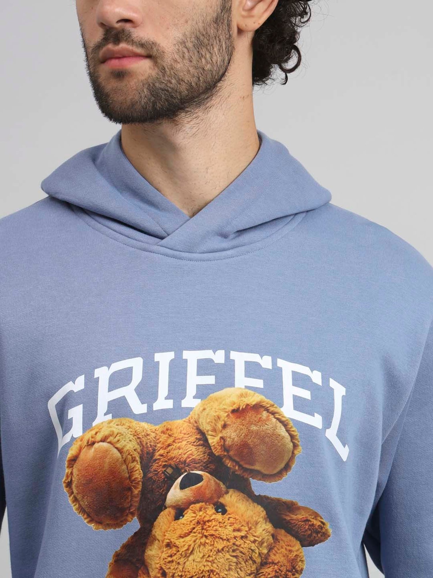 GRIFFEL Sky Blue & Black Regular Fit Printed Hooded Sweatshirt & Trackpants Set