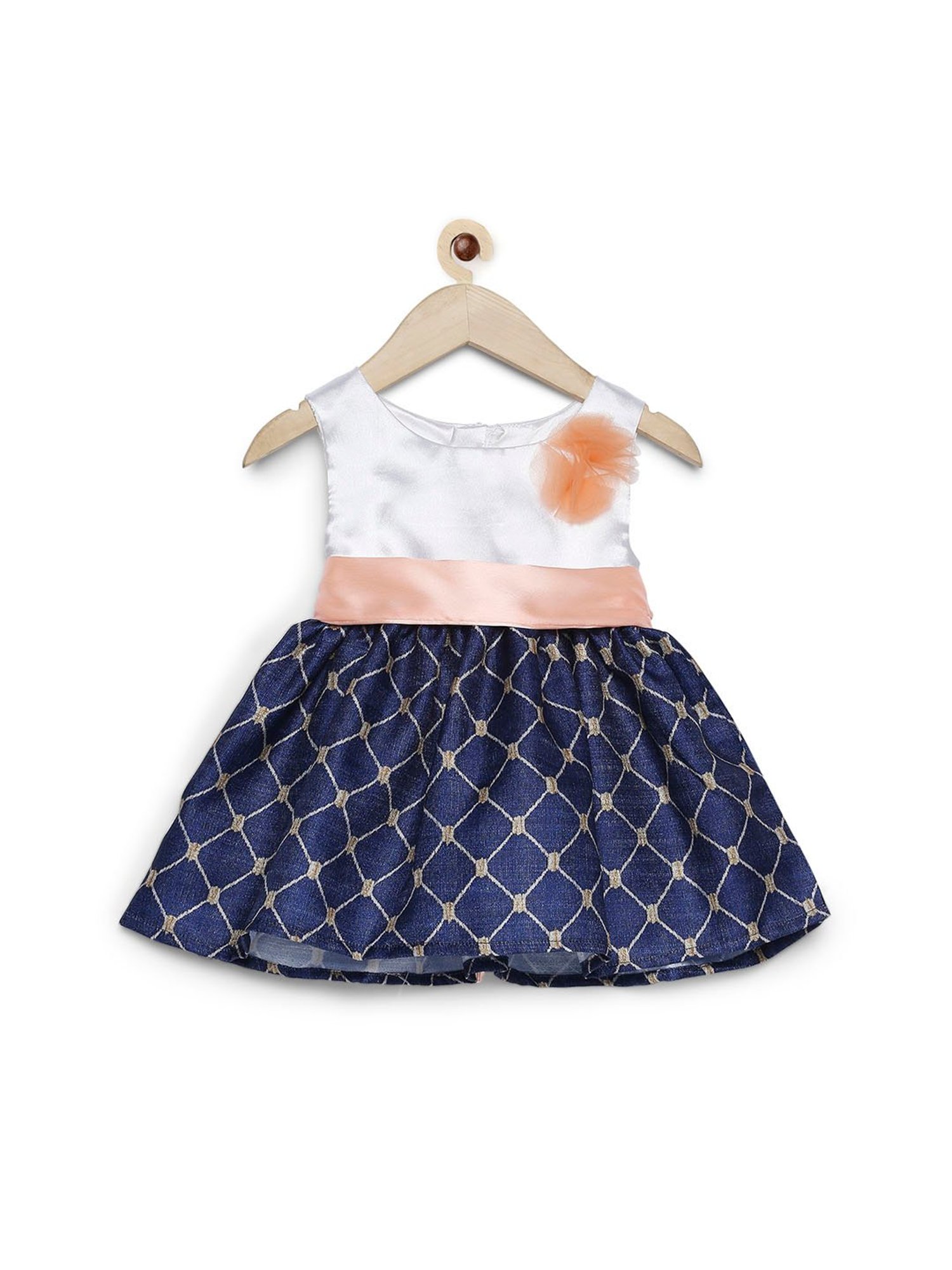 Many Frocks Kids Cream & Blue Printed Dress