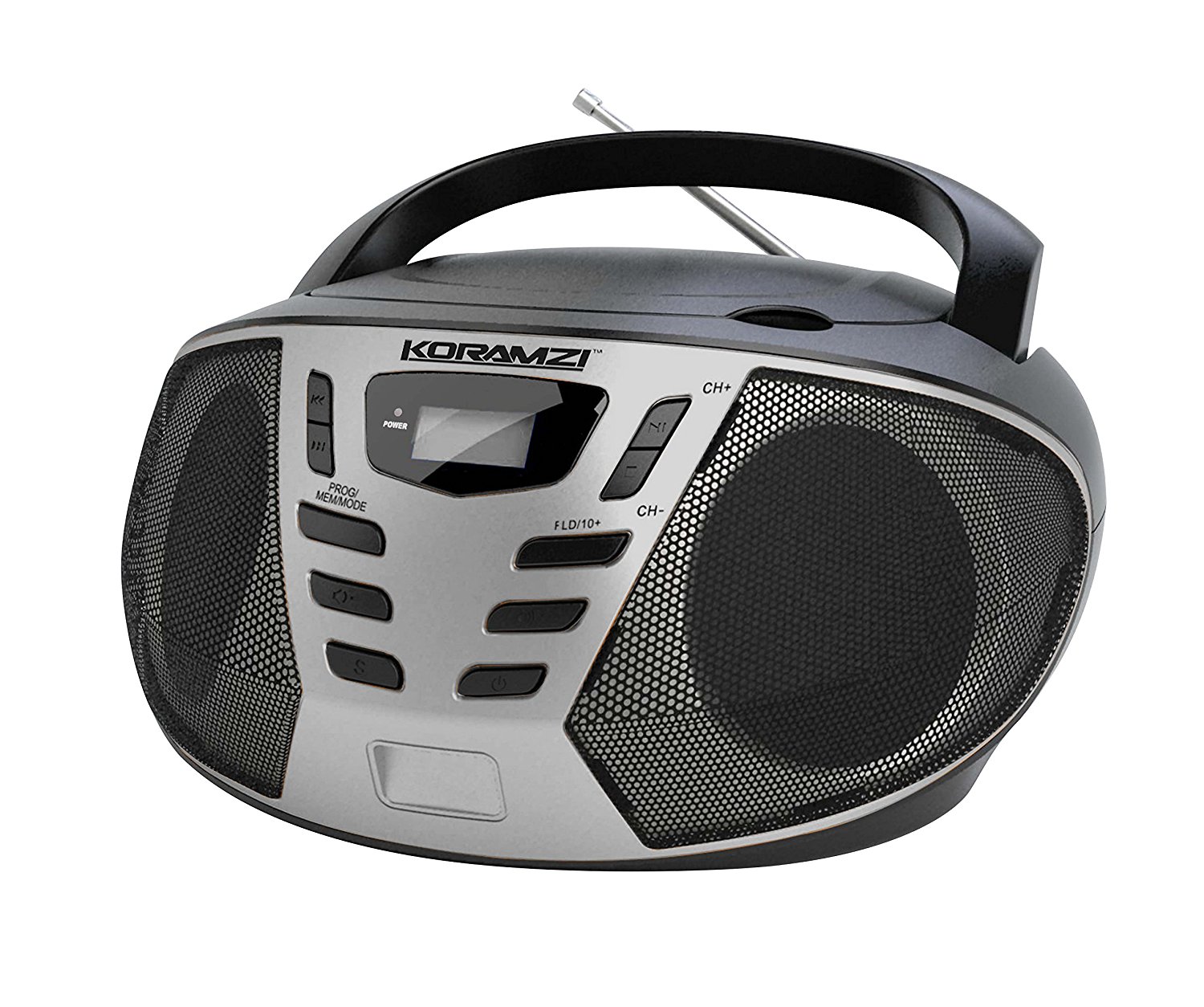 KORAMZI CD55-BKS Portable CD Boombox with AM/FM Radio, Top Loading CD Player, Telescopic Antenna, LCD Display for Indoor & Outdoor, Offices, Home, Restaurants, Picnics, School , Camping