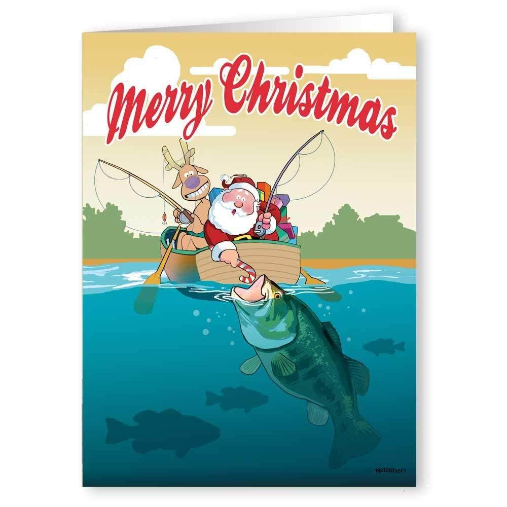 Santa & Bass Fish Theme Christmas Card 18 Cards and Envelopes