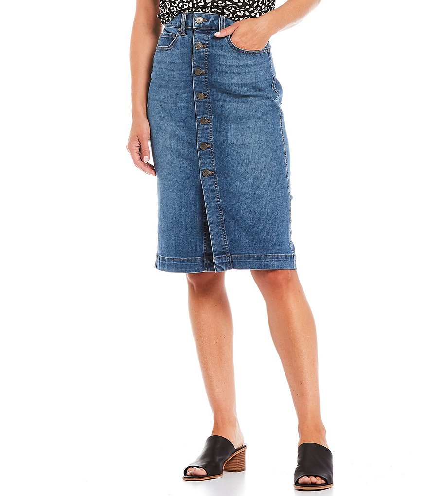 Code Bleu Button Front Knee Length Denim Skirt