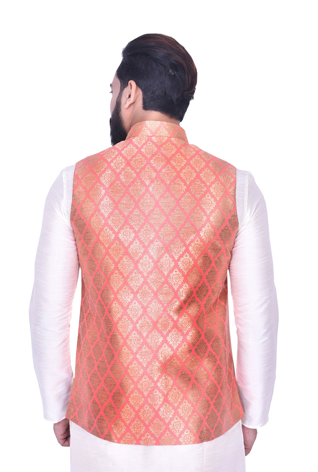 Manyavar Peach Mandarin Collar Ethnic Jacket