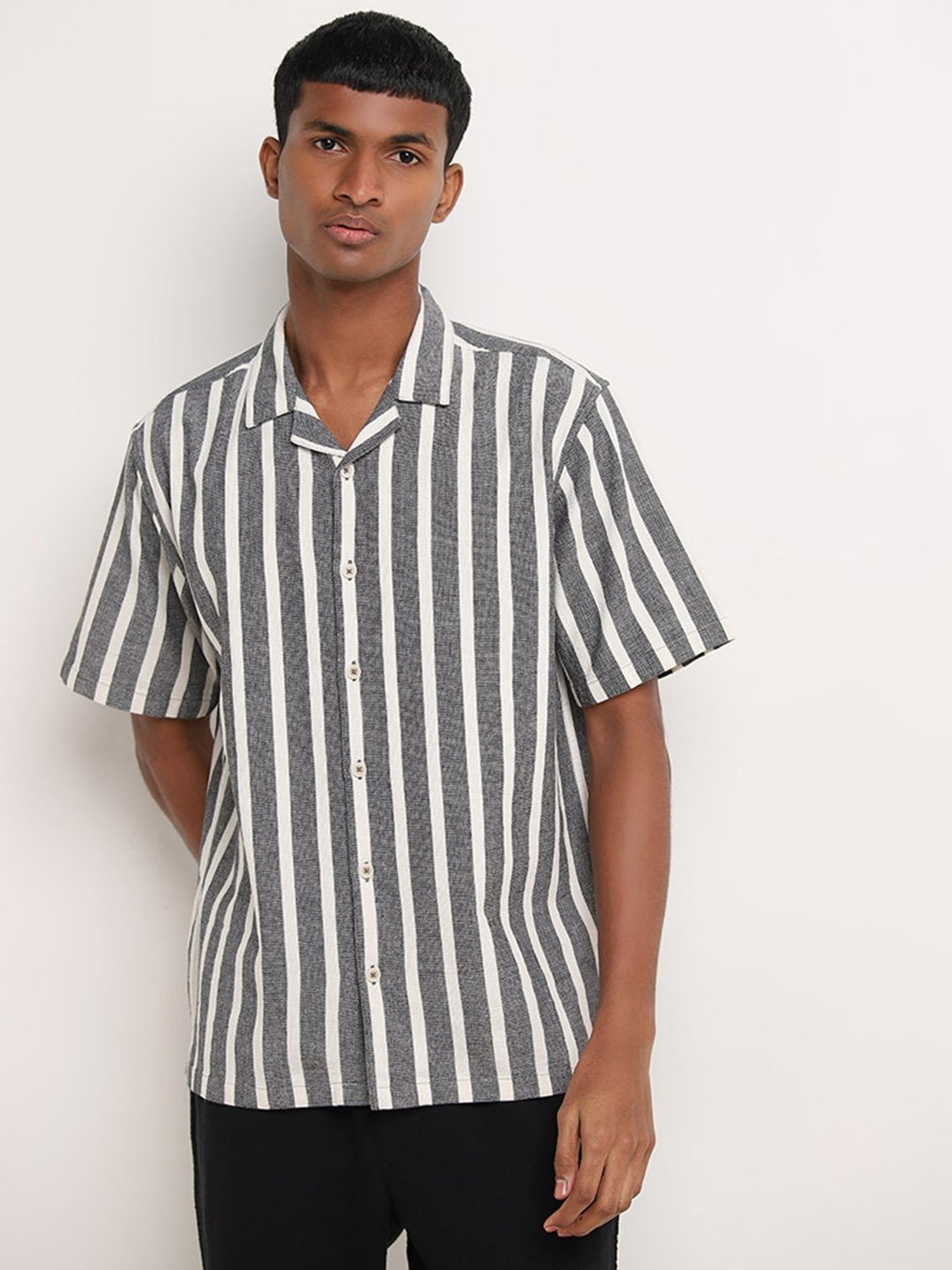 ETA by Westside Grey Striped Relaxed-Fit Cotton Shirt