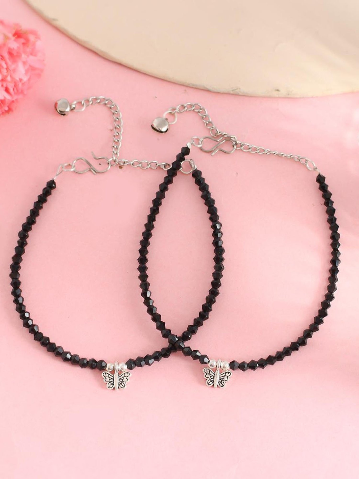VOJ Set of 2 Black beaded butterfly Anklet for Women