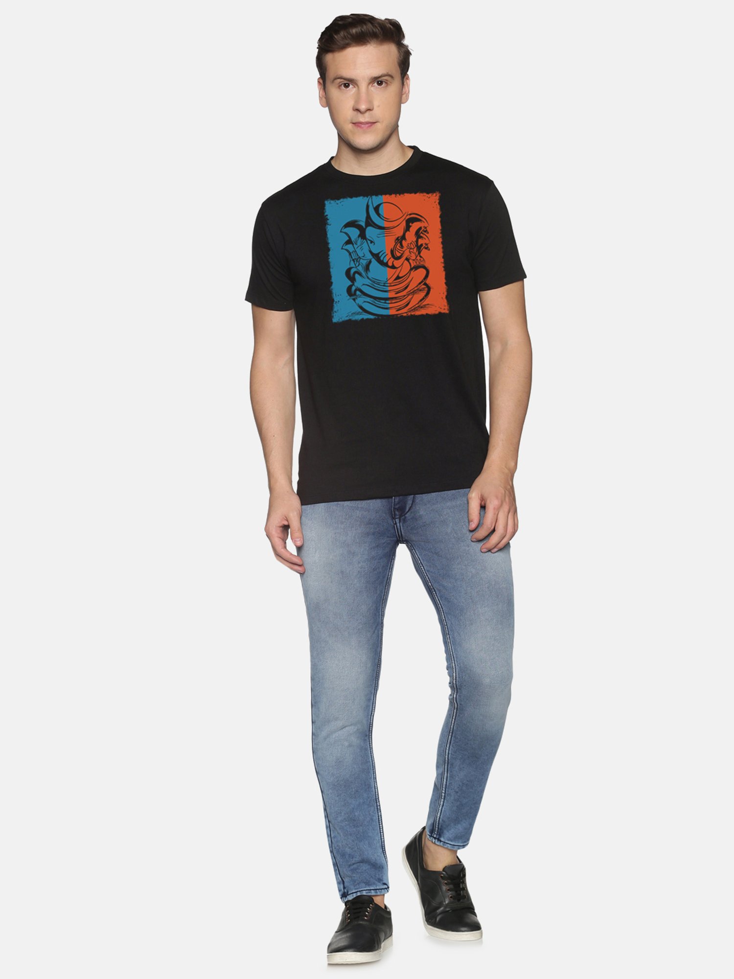 BLACK RADIO Black Slim Fit Printed Cotton Crew T-Shirt