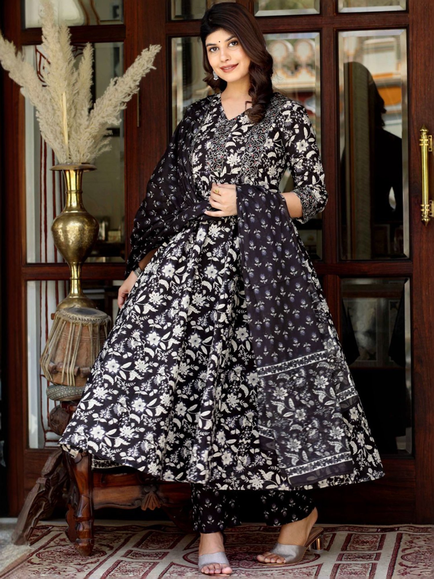 Miravan Black Cotton Embroidered Kurta Palazzo Set With Dupatta