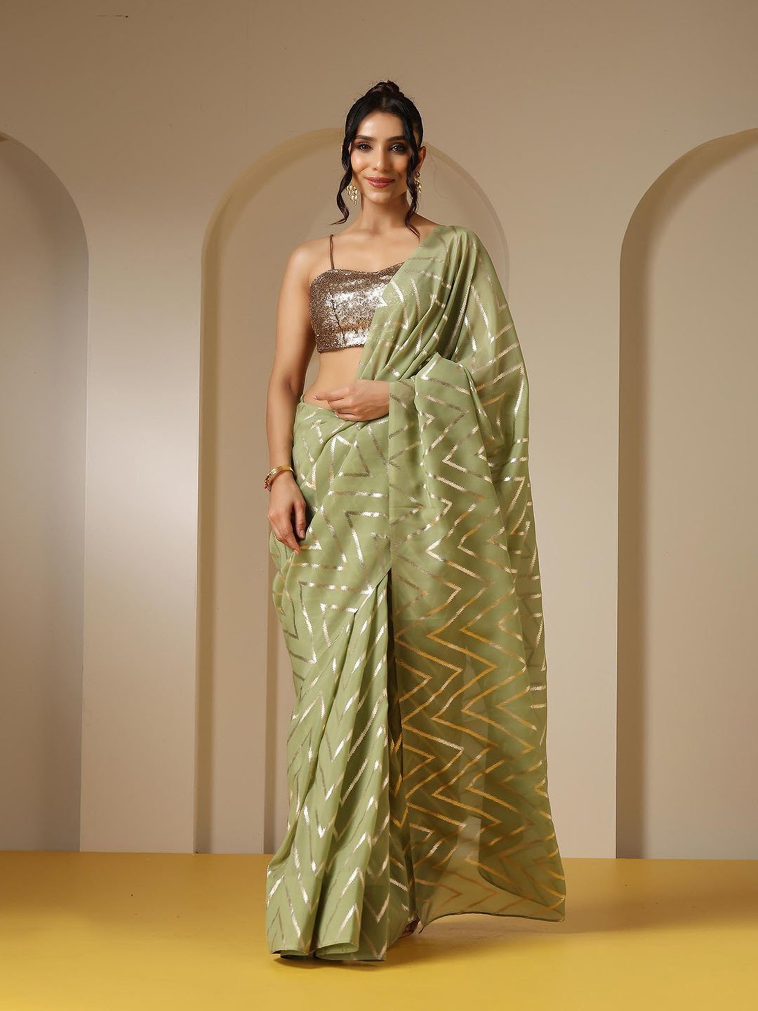 Swtantra Sage Green Printed Sarees Without Blouse