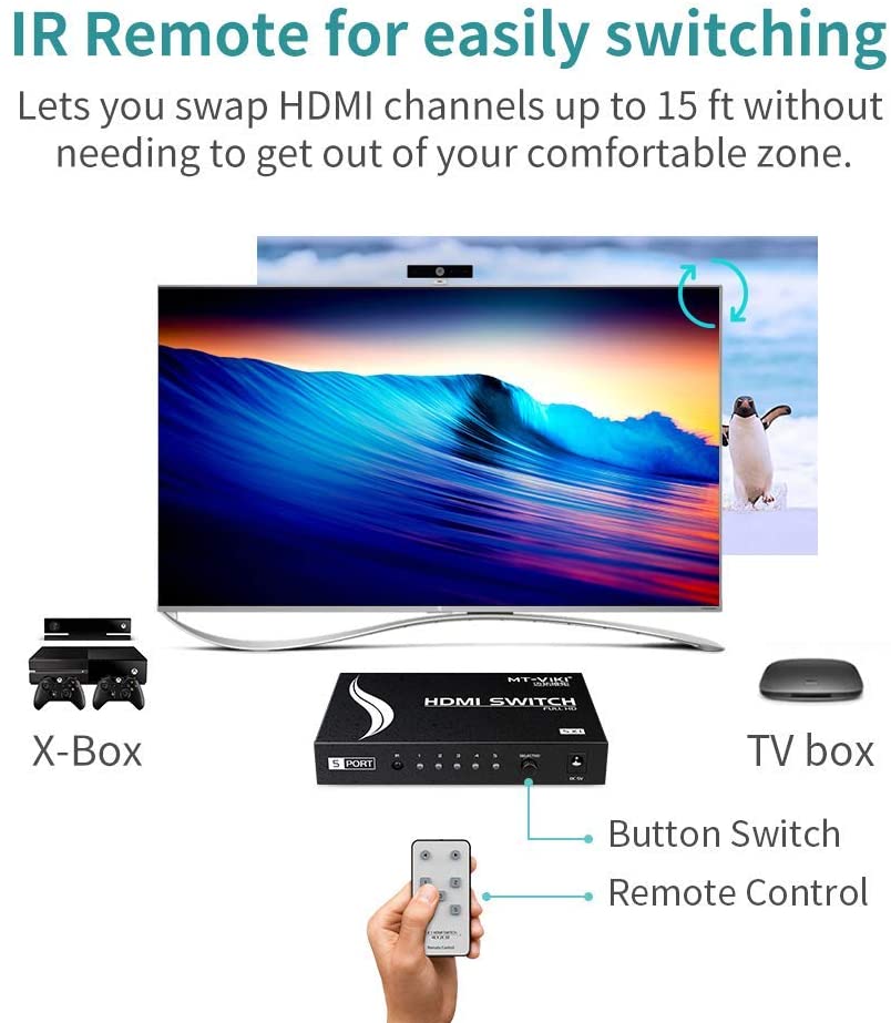 4K HDMI Switch 5 in 1 Out w/IR Remote Control, 5 Port Switcher Selector Box for Xbox Nintendo PS3 PS4 TV Fire Stick Roku