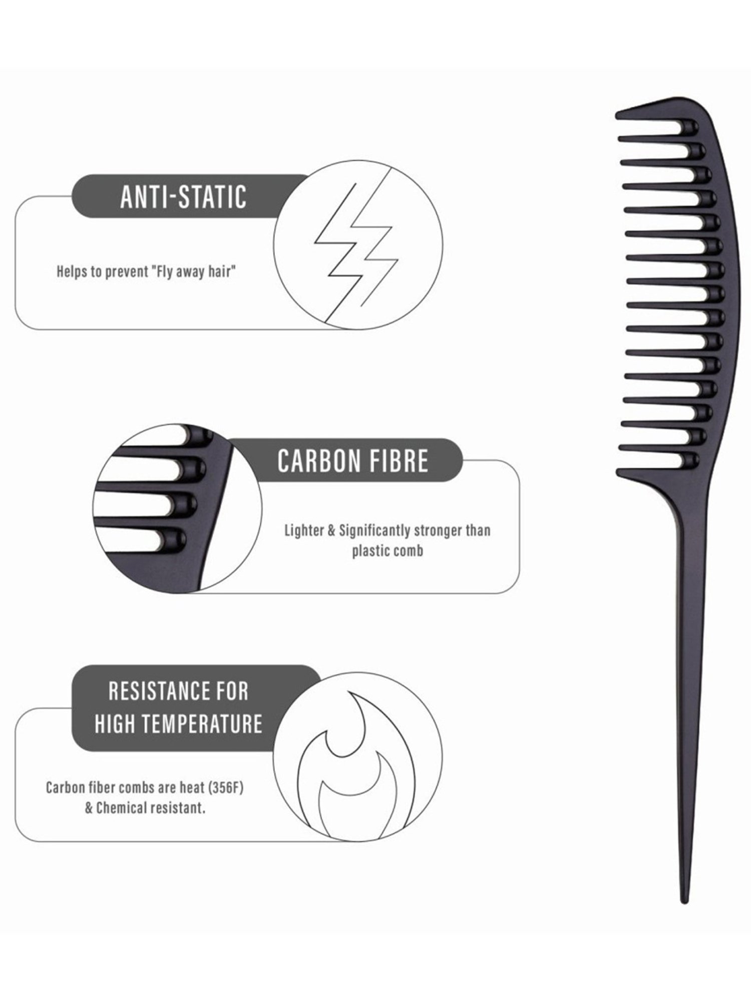 Janeke 1830 Professional Long Tail & Wavy Frame Carbon Fibre Fashion Hair Comb - 21 cm