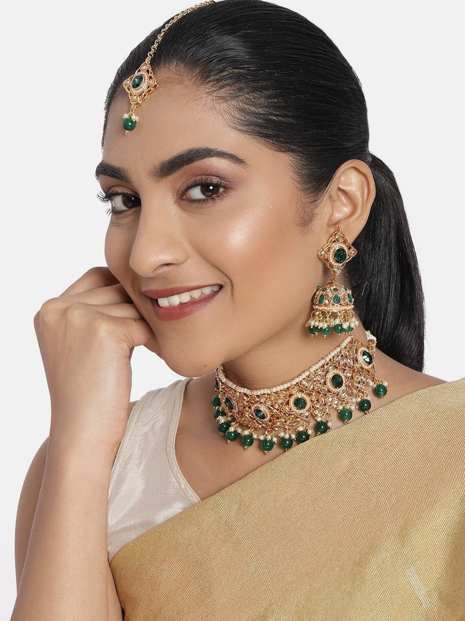 Zaveri Pearls Green Stones & Beads Wedding Collection Necklace Earring & Maangtikka Set-ZPFK10165