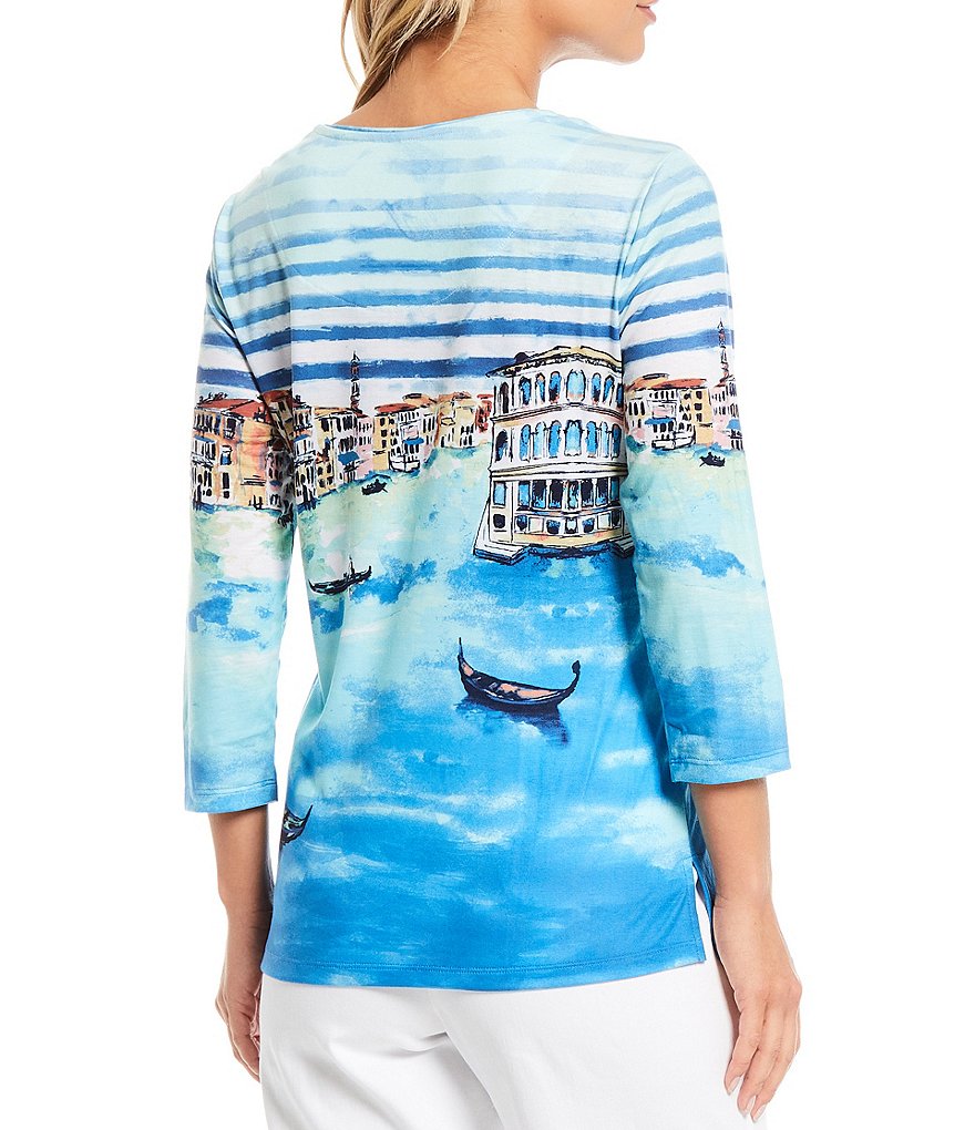 Allison Daley Petite Size Venice Postcard Print Rhinestone Embellished Detail 3/4 Sleeve Crew Neck Top