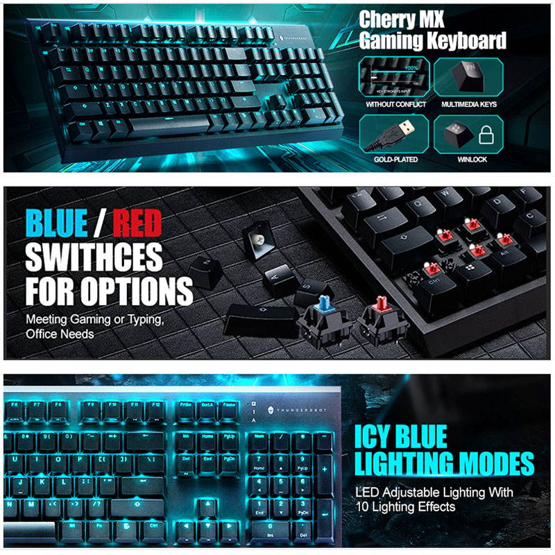 ThundeRobot Mechanical Cherry MX Gaming Keyboard, Programmable Red Switch Wired Keyboard for Gaming with 104 Keys Full Anti-ghosting Keyboard for Windows/iOS, Ideal for Game or Work (Red Switch)