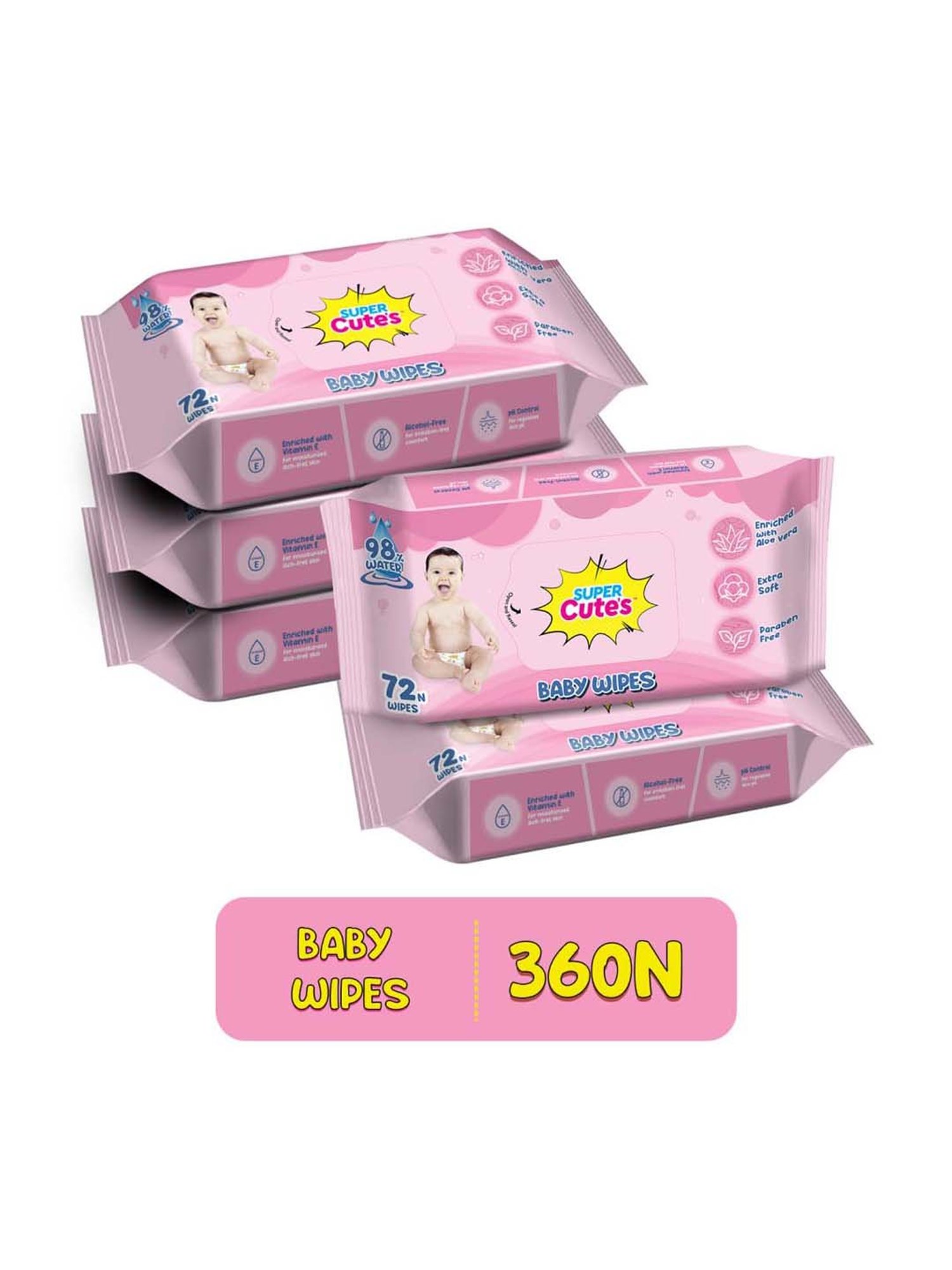 Super Cute's Premium Soft Cleansing Baby Wipes with Aloe Vera (72 Wipes) - Pack of 5