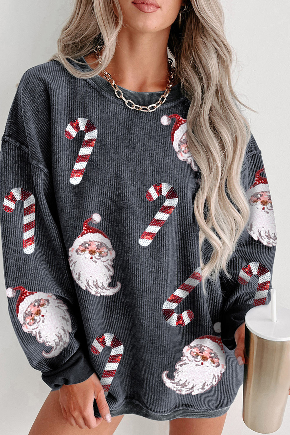 Gray Santa Claus Candy Cane Sequin Patched Baggy Sweatshirt