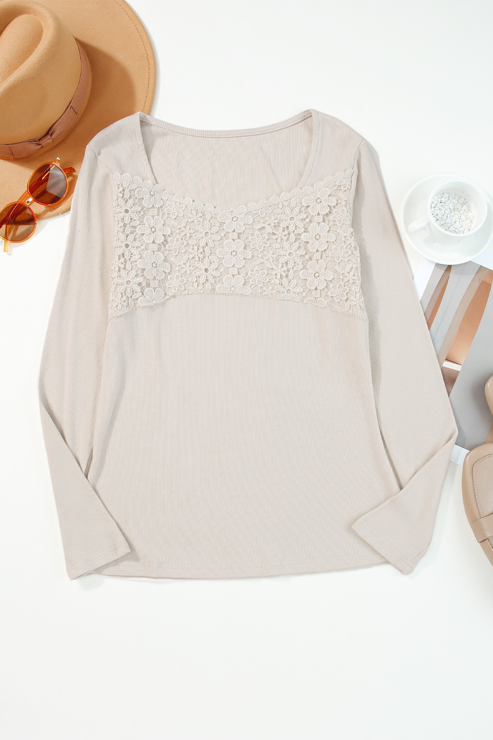 Beige Lace Contrast Casual Long Sleeve Top