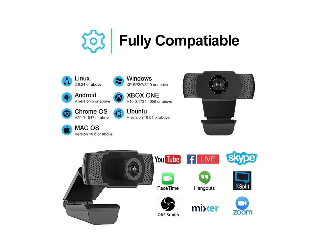 1080P HD Webcam with Microphone, USB 2.0 Camera with Auto Light Correction, Plug and Play, for Video Streaming, Conference, Gaming, Online Classes