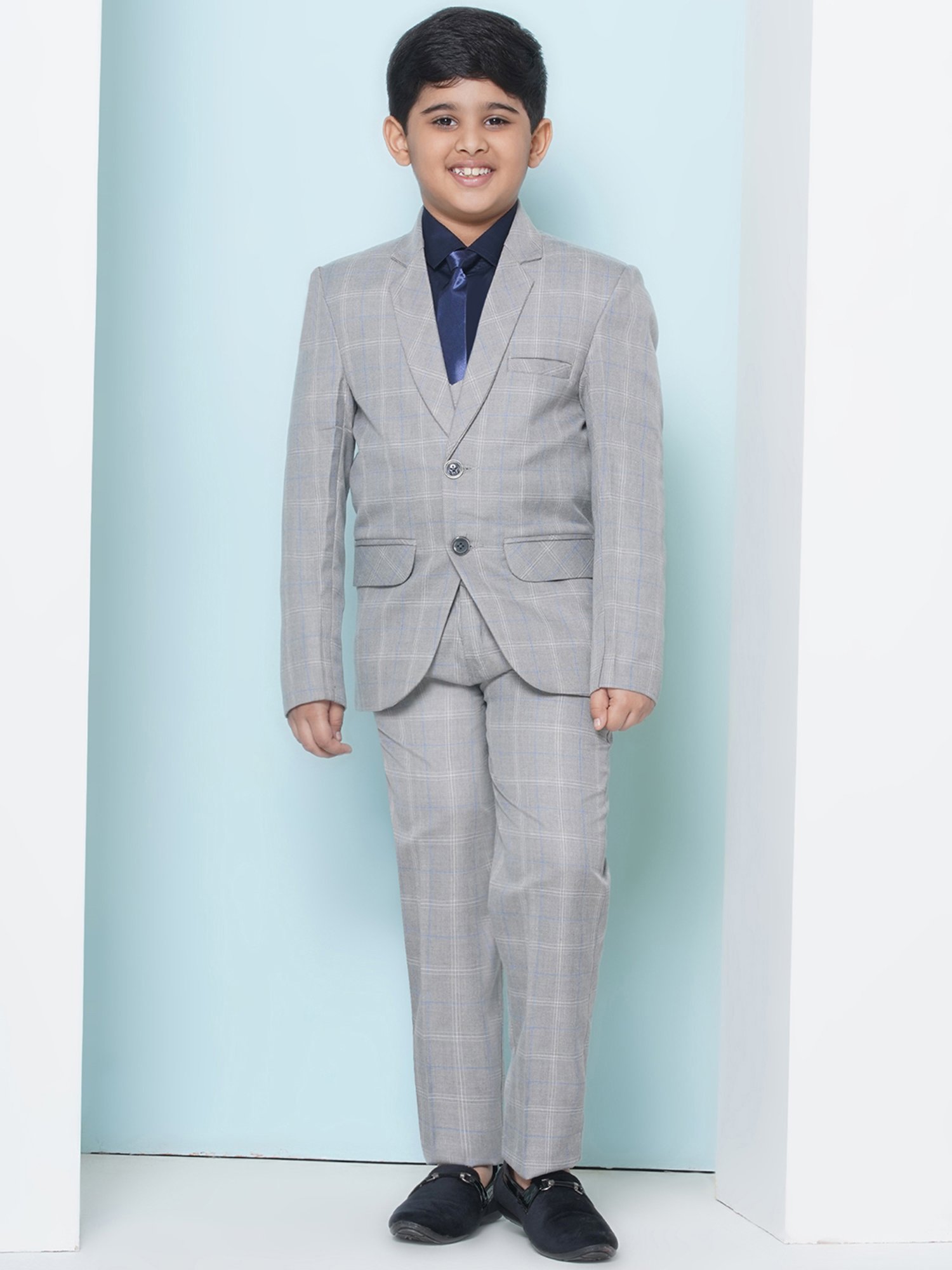 AJ Dezines Kids Grey & Navy Checks Full Sleeves Shirt, Pants, Coat, Waistcoat with Tie