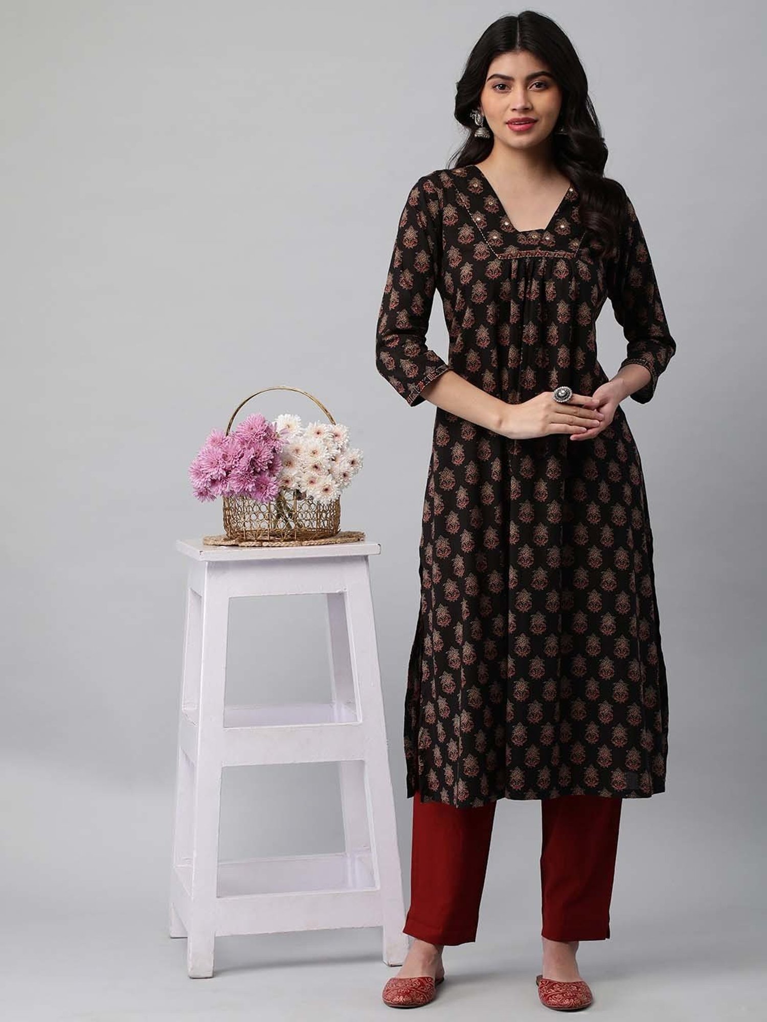 Kami Kubi Black Cotton Embroidered A Line Kurta