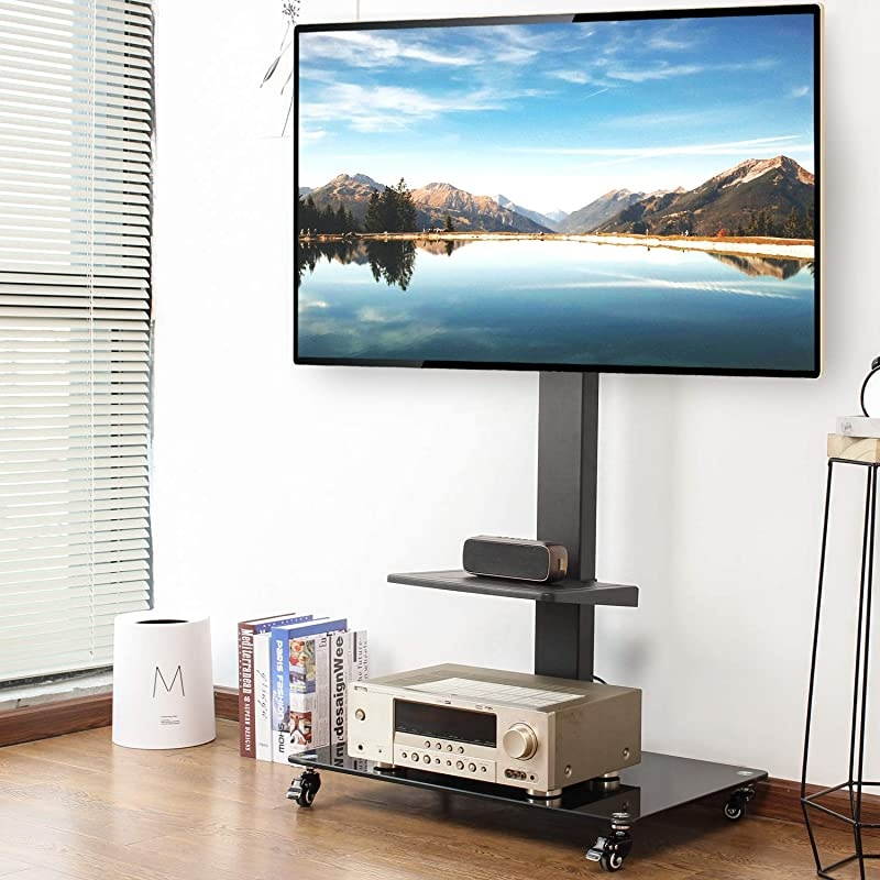 Tall Rolling Moblile Floor TV Stand Cart with Mount Lockable Caster Wheels and Audio Shelf for 37 40 42 47 50 55 60 65 70 inch LCD LED OLED QLED Flat Panel and Curved TVs